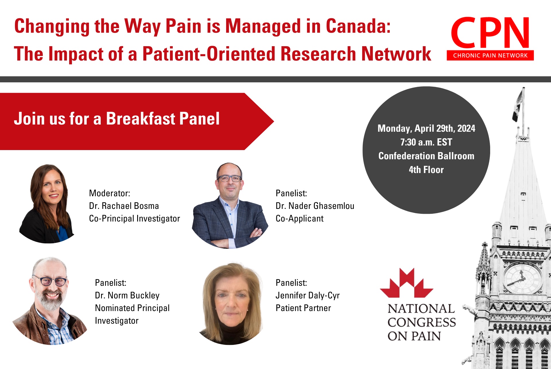 Changing the Way Pain is Managed in Canada: The Impact of a Patient-Oriented Research Network breakfast panel session with photos of moderator and panelists.